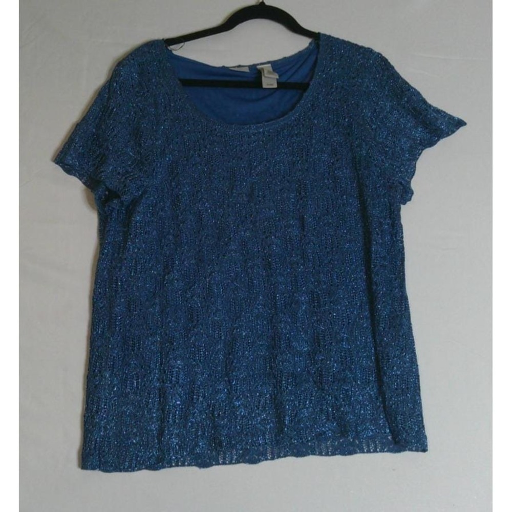 Emma James Womens 2X Knit Top Blue Metallic Shimmer Short Sleeve Scoop Neck